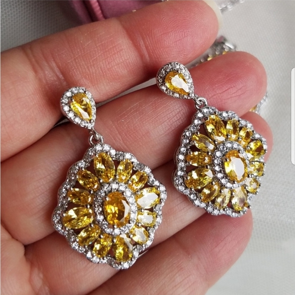 Swarovski Elements Citrine Yellow 925 Sterling Silver Earrings & Ring SET NEW - Picture 6 of 16